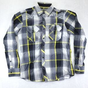 Affliction Black Premium Buckle Yellow Black White Plaid Button Up Shirt Size S